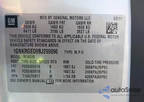 2011 Chevrolet Traverse 1Lt from USA, damaged, VIN 1GNKRGED8BJ299096